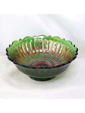 Fenton Green Carnival Glass Bowl With Scalloped Rim Iridescent 5.5" Diameter MCM